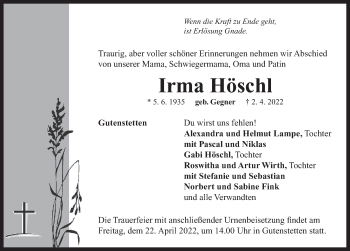 Traueranzeige von Irma Höschl von Neustadt/ Scheinfeld/ Uffenheim