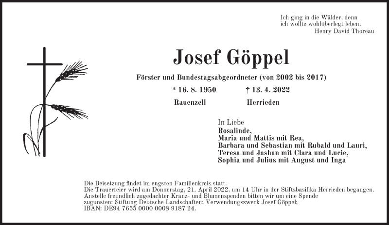  Traueranzeige für Josef Göppel vom 16.04.2022 aus GE