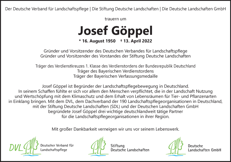  Traueranzeige für Josef Göppel vom 20.04.2022 aus GE