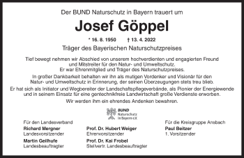 Traueranzeige von Josef Göppel von Ansbach