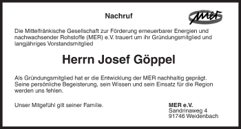 Traueranzeige von Josef Göppel von Ansbach