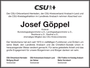 Traueranzeige von Josef Göppel von GE