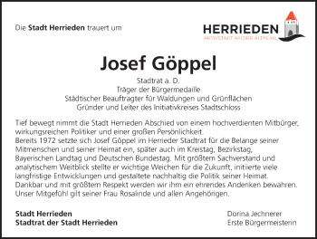 Traueranzeige von Josef Göppel von Ansbach