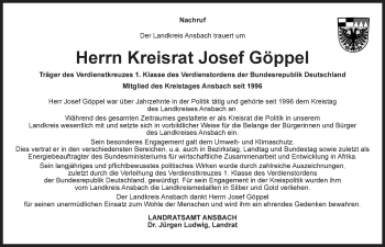 Traueranzeige von Josef Göppel von GE