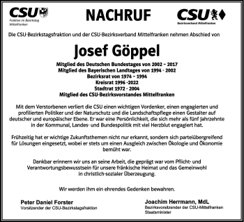 Traueranzeige von Josef Göppel von GE