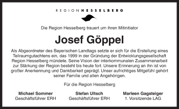 Traueranzeige von Josef Göppel von Ansbach