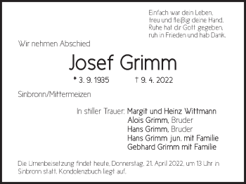 Traueranzeige von Josef Grimm von Dinkelsbühl/ Feuchtwangen