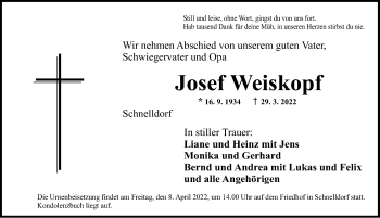 Traueranzeige von Josef Weiskopf von Dinkelsbühl/ Feuchtwangen