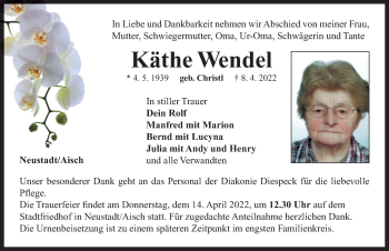 Traueranzeige von Käthe Wendel von Neustadt/ Scheinfeld/ Uffenheim