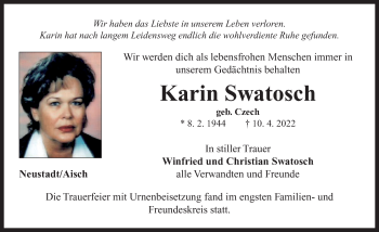 Traueranzeige von Karin Swatosch von Neustadt/ Scheinfeld/ Uffenheim
