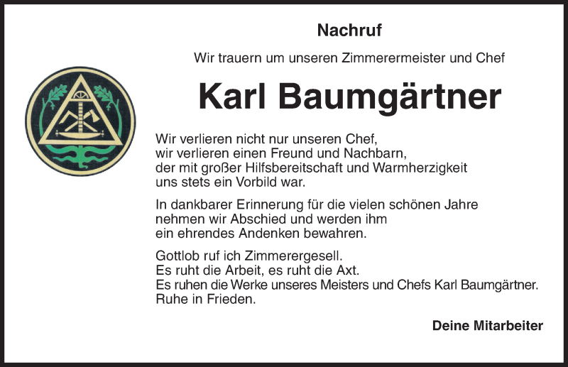  Traueranzeige für Karl Baumgärtner vom 26.04.2022 aus Dinkelsbühl/ Feuchtwangen