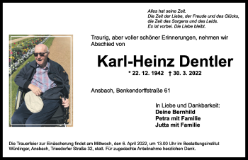 Traueranzeige von Karl-Heinz Dentler von Ansbach