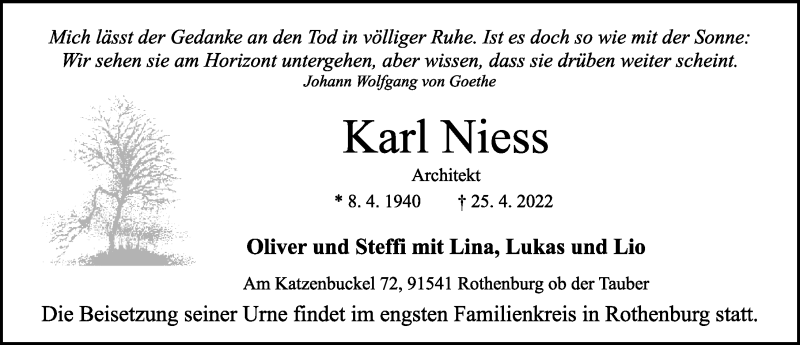  Traueranzeige für Karl Niess vom 30.04.2022 aus Rothenburg