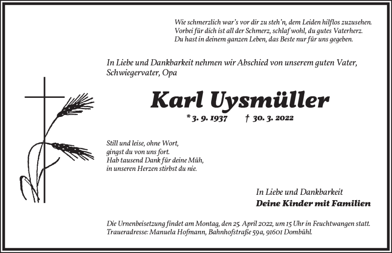  Traueranzeige für Karl Uysmüller vom 22.04.2022 aus Dinkelsbühl/ Feuchtwangen