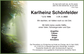 Traueranzeige von Karlheinz Schönfelder von Ansbach