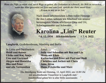 Traueranzeige von Karolina Reuter von Dinkelsbühl/ Feuchtwangen