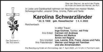 Traueranzeige von Karolina Schwarzländer von Dinkelsbühl/ Feuchtwangen