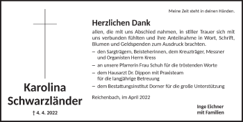 Traueranzeige von Karolina Schwarzländer von Dinkelsbühl/ Feuchtwangen