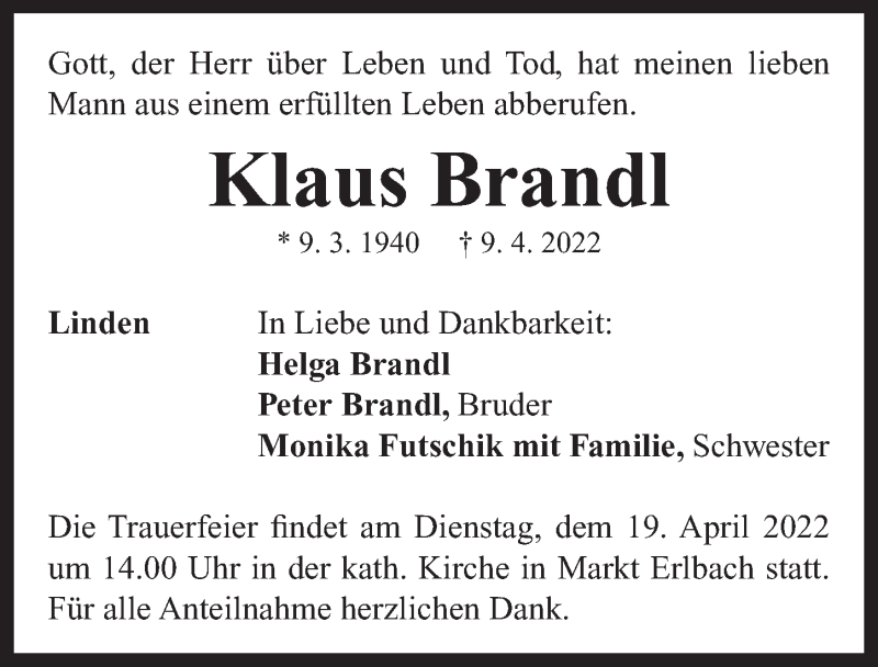  Traueranzeige für Klaus Brandl vom 16.04.2022 aus Neustadt/ Scheinfeld/ Uffenheim