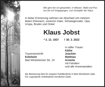 Traueranzeige von Klaus Jobst von Neustadt/ Scheinfeld/ Uffenheim