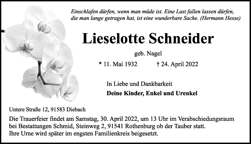  Traueranzeige für Lieselotte Schneider vom 28.04.2022 aus Rothenburg