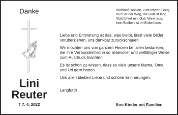 Traueranzeige von Lini Reuter von Dinkelsbühl/ Feuchtwangen