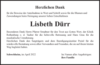 Traueranzeige von Lisbeth Dürr von Neustadt/ Scheinfeld/ Uffenheim