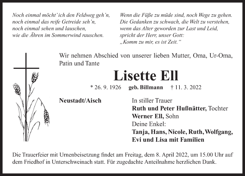  Traueranzeige für Lisette Ell vom 06.04.2022 aus Neustadt/ Scheinfeld/ Uffenheim