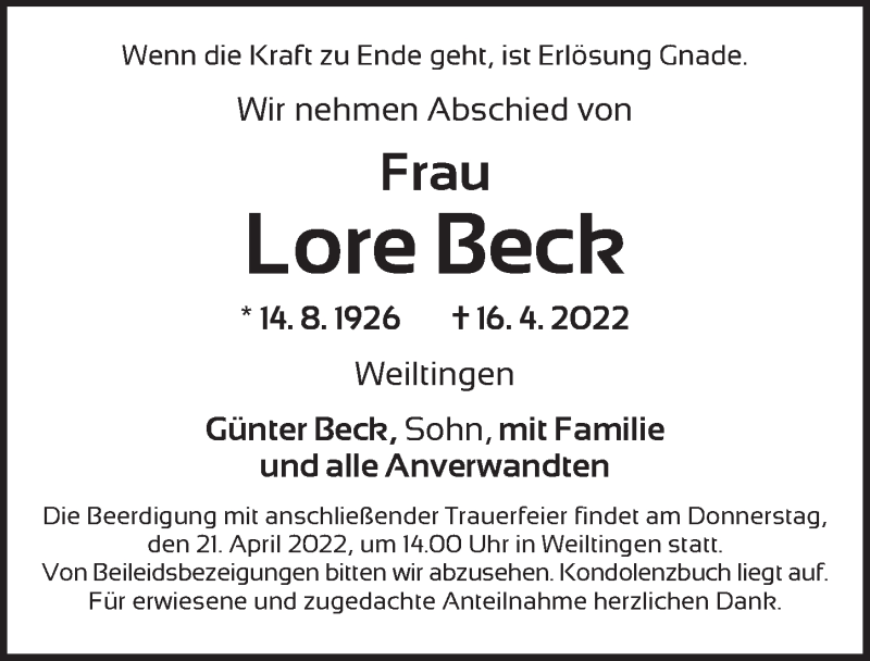  Traueranzeige für Lore Bech vom 20.04.2022 aus Dinkelsbühl/ Feuchtwangen