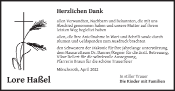 Traueranzeige von Lore Haßel von Dinkelsbühl/ Feuchtwangen