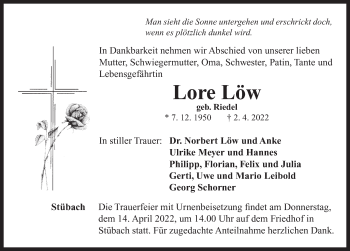 Traueranzeige von Lore Löw von Neustadt/ Scheinfeld/ Uffenheim