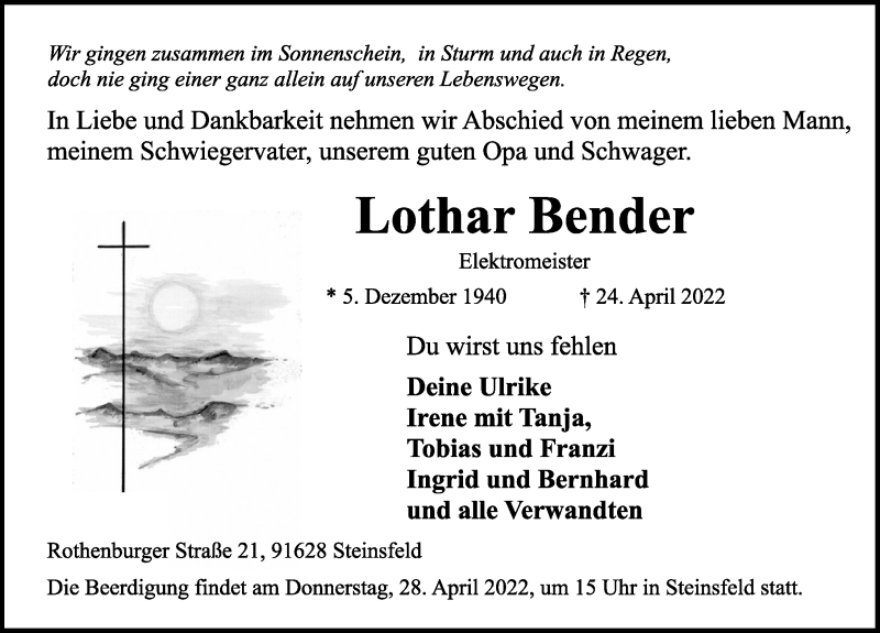  Traueranzeige für Lothar Bender vom 27.04.2022 aus Rothenburg