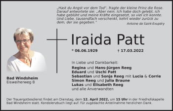 Traueranzeige von lraida Patt von Neustadt/ Scheinfeld/ Uffenheim