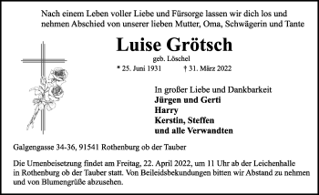 Traueranzeige von Luise Grätsch von Rothenburg