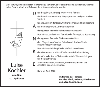 Traueranzeige von Luise Kochler von Dinkelsbühl/ Feuchtwangen