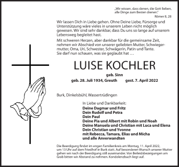 Traueranzeige von Luise Kochler von Dinkelsbühl/ Feuchtwangen