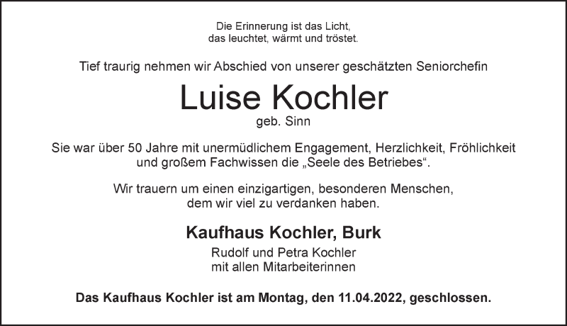  Traueranzeige für Luise Kochler vom 09.04.2022 aus Dinkelsbühl/ Feuchtwangen