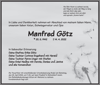 Traueranzeige von Manfred Götz von Dinkelsbühl/ Feuchtwangen