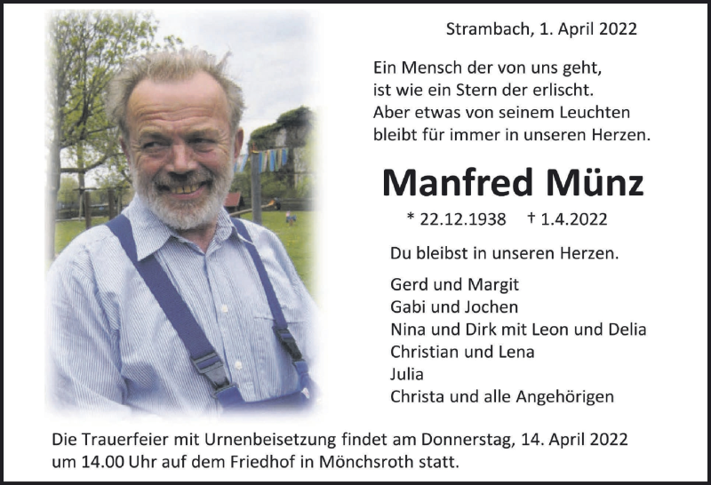  Traueranzeige für Manfred Münz vom 11.04.2022 aus Dinkelsbühl/ Feuchtwangen