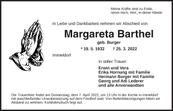 Traueranzeige von Margareta Barthel von Ansbach