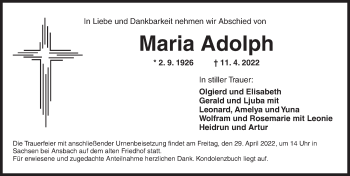 Traueranzeige von Maria Adolph von Ansbach