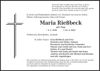 Traueranzeige von Maria Rießbeck von Ansbach