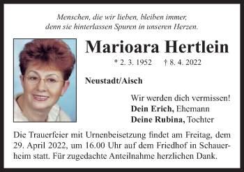 Traueranzeige von Marioara Hertlein von Neustadt/ Scheinfeld/ Uffenheim