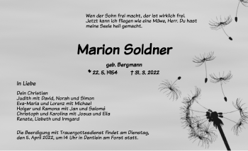 Traueranzeige von Marion Soldner von Dinkelsbühl/ Feuchtwangen