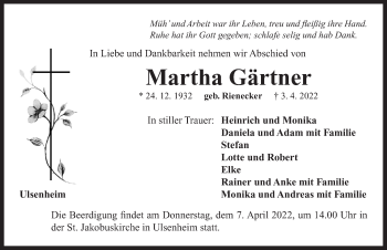 Traueranzeige von Martha Gärtner von Neustadt/ Scheinfeld/ Uffenheim