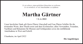 Traueranzeige von Martha Gärtner von Neustadt/ Scheinfeld/ Uffenheim