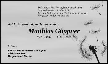 Traueranzeige von Matthias Göppner von Ansbach