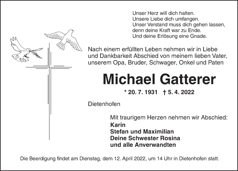  Traueranzeige für Michael Gatterer vom 09.04.2022 aus Ansbach