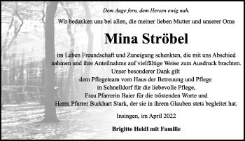 Traueranzeige von Mina Ströbel von Rothenburg