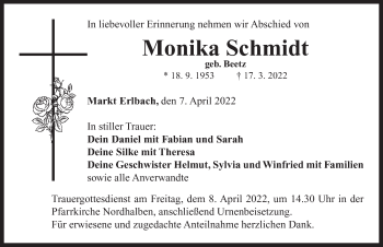 Traueranzeige von Monika Schmidt von Neustadt/ Scheinfeld/ Uffenheim